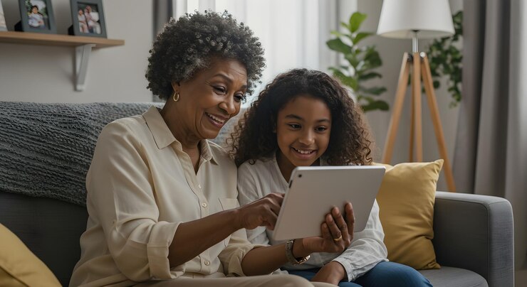 Happy senior woman sharing a digital moment with granddaughter at home