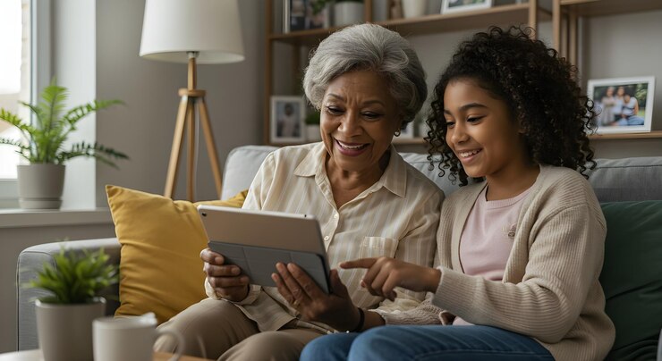 Happy senior woman sharing a digital moment with granddaughter at home