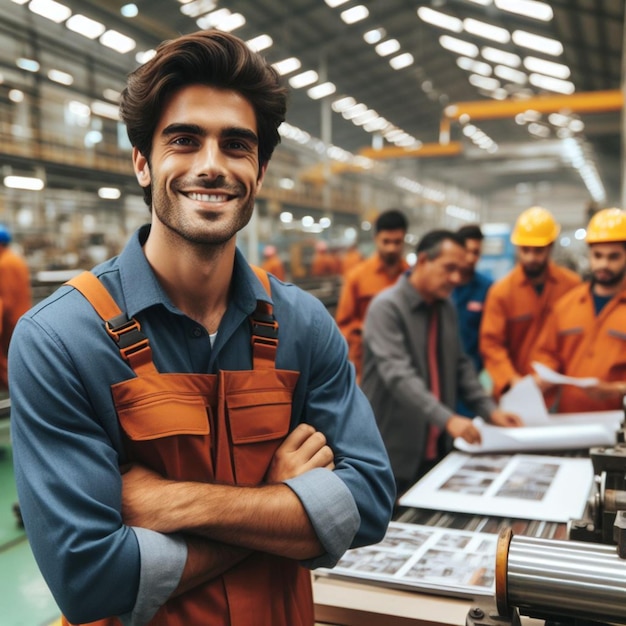 Happy Smiling Man Trabajador de una fábrica dentro de un factor trabajando y posando para una sesión de fotos Men Day Men