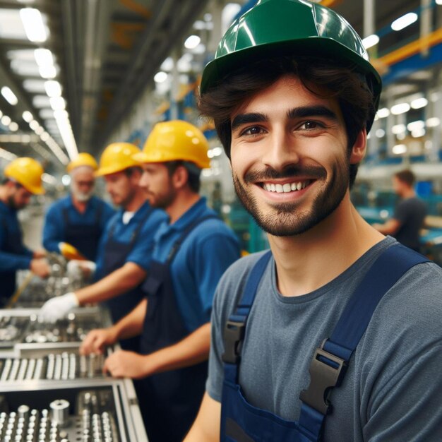 Happy Smiling Man Trabajador de una fábrica dentro de un factor trabajando y posando para una sesión de fotos Men Day Men