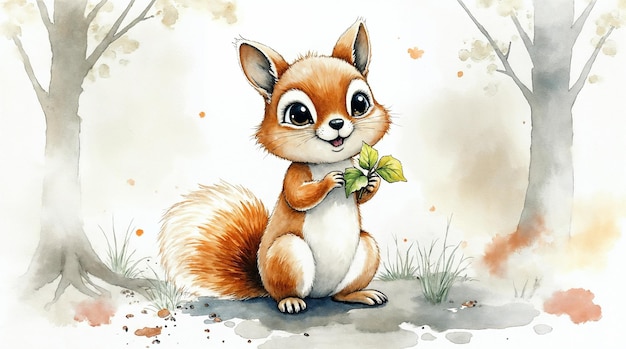 Happy Squirrel with Leaf in the Forest