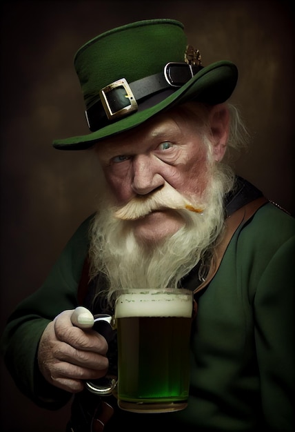 Happy St Patrick's Day Poster Concept Duende Hombre con sombrero verde sosteniendo cerveza en la mano