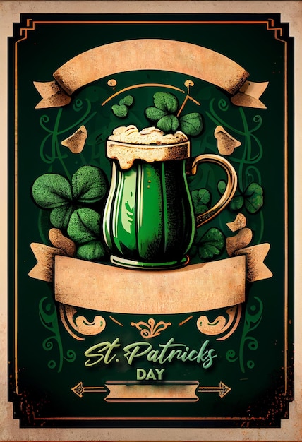 Happy St. Patrick's Day Poster Konzept Grünes Bierglas mit Kleeblättern im Flyer oder in der Postkarte