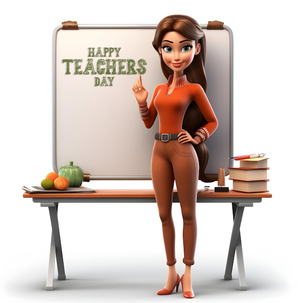 Happy Teacher's Day-Banner oder Posterfoto mit 3D-Lehrerfigur im Klassenzimmer. Ai generiert