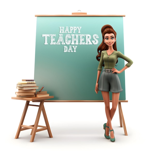 Happy Teacher's Day-Banner oder Posterfoto mit 3D-Lehrerfigur im Klassenzimmer. Ai generiert