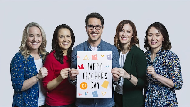HAPPY TEACHERS DAY Gruppe von Lehrern mit einem Banner Happy Teachers Day Generative ai