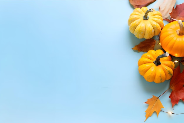 Happy Thanksgiving-Grußkarte oder Banner mit Kürbiskürbis und Blättern auf hellblauem Hintergrund