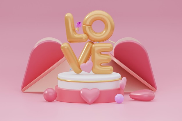 Happy Valentine's Day Holiday Hintergrund mit weißen und rosa Herzen und Buchstaben Liebe 3D-Rendering