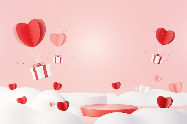 Happy Valentine's Day Minimale süße Liebesszene mit Display-Podium für Mock-up und Produktmarkenpräsentation Pink Pedestal Stand Süßer, schöner Herzhintergrund Love Day's Design Style 3D Render