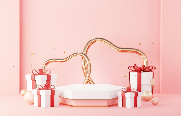 Happy Valentine's Day Minimale süße Liebesszene mit Display-Podium für Mock-up und Produktmarkenpräsentation Pink Pedestal Stand Süßer, schöner Herzhintergrund Love Day's Design Style 3D Render