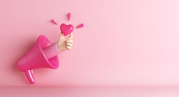 Happy Valentines Day Hintergrundkonzept mit Megaphon, 3D-Cartoon-Hand mit Herzform