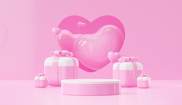 Happy Valentines Day Podium für Produktpräsentation in rosa-weißem romantischem Hintergrund 3D-Render