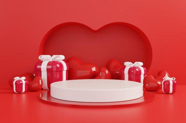 Happy Valentines Day rote Podiumsbühne Herzform und Geschenkbox für die Produktpräsentation 3D-Render