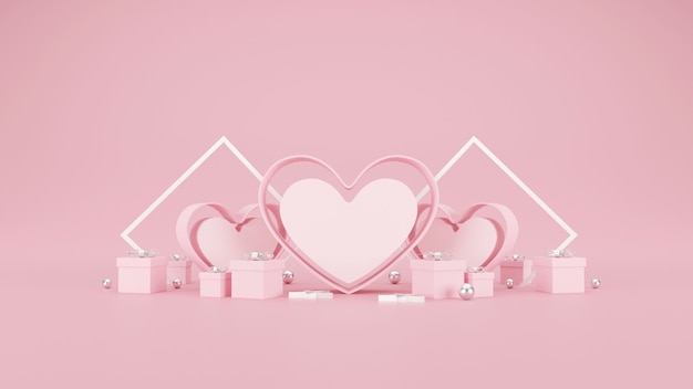 Happy Valentinstag Banner. Herz, Geschenk und Schachtel auf rosa Hintergrund. Platz für Text. 3D-Illustration