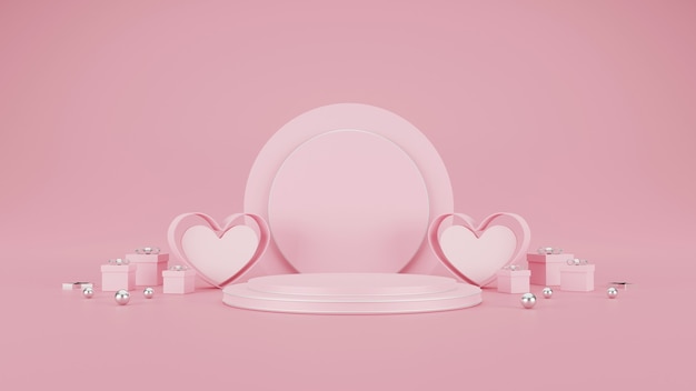 Happy valentinstag banner. herz, geschenk und schachtel auf rosa hintergrund. platz für text. 3d-illustration