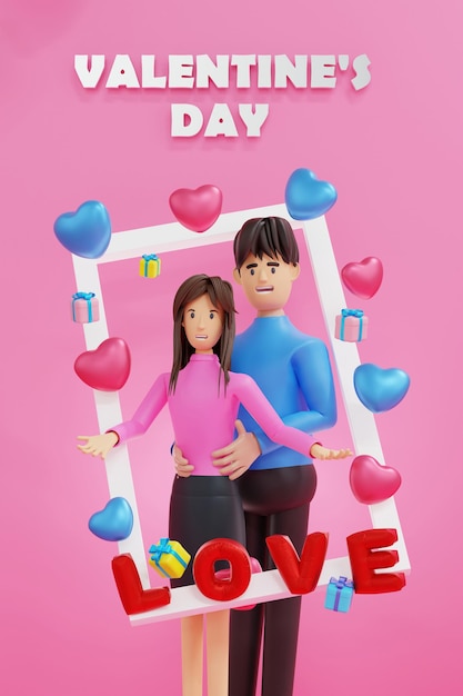 Happy Valentinstag Grußkarte Banner mit Rahmen Herzform Geschenkbox Ballon 3D-Rendering