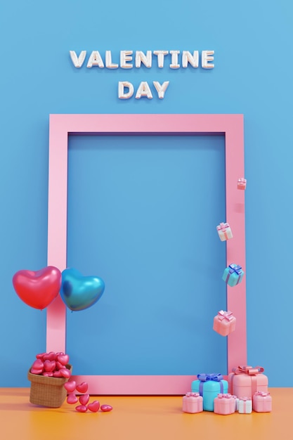 Happy Valentinstag Grußkarte Banner mit rosa Rahmen Herzform Geschenkbox Ballon 3D-Rendering