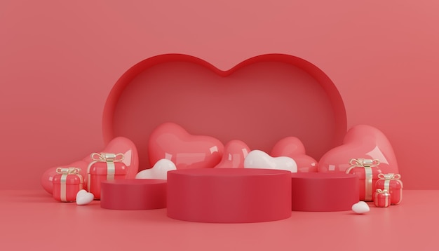 Happy Valentinstag rosa Podium Bühne Herzform und Geschenkbox für die Produktpräsentation 3D-Render