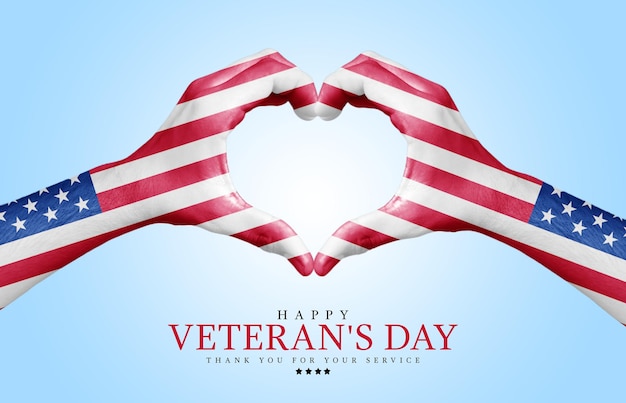 Foto happy veterans day kreatives poster, amerikanische flagge muster 3d herzförmige hand auf grauem hintergrund