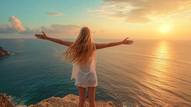 Foto happy woman freedom calmness sea relax summer nature ocean