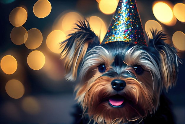 Happy Yorkshire Terrier mit Partyhut zum Feiern mit Bokeh-Hintergrund Tier- und Haustierkonzept Generative KI