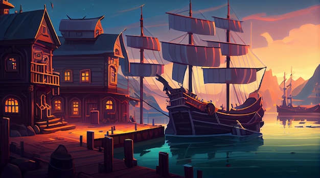 Harbor 2D-Hintergrundumgebung für ein mobiles Spiel Eine hochwertige horizontale Hintergrundlandschaft Designstandort für Spielvorlagen Generative KI