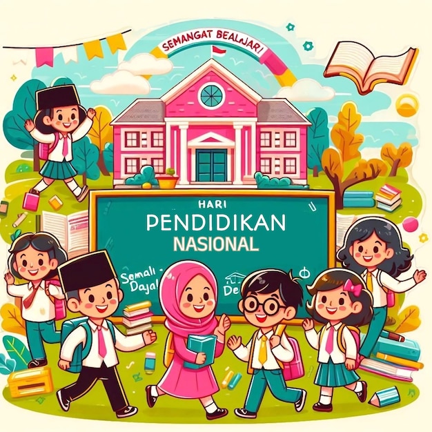 Foto hari pendidikan nasional un cartel de niños con una imagen de una escuela