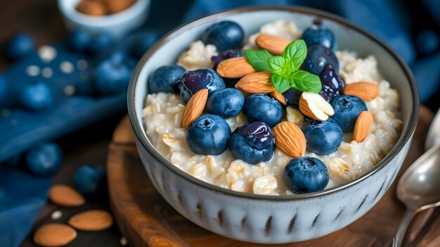 Harina de avena con arándanos y almendras en un cuenco sobre un fondo de madera