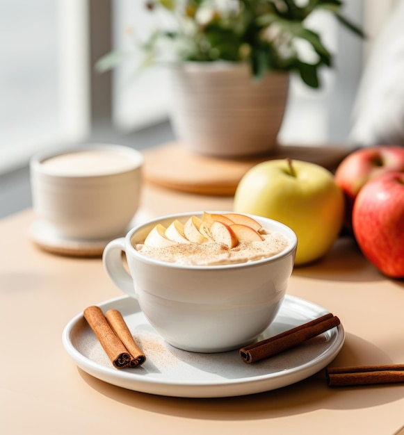 Harina de avena de canela de manzana en una taza en un platillo con palos de canela y manzanas a su alrededor