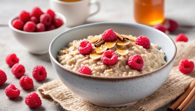 Harina de avena casera para el desayuno con canela de frambuesa y miel