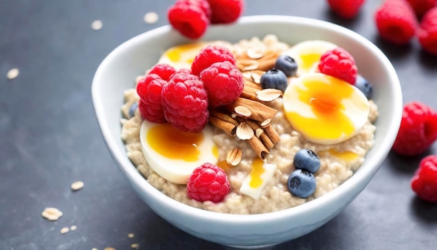 Harina de avena casera para el desayuno con canela de frambuesa y miel