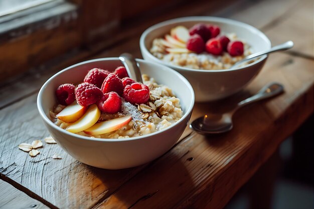 Harina de avena y jugo de manzana en cuencos con cucharas