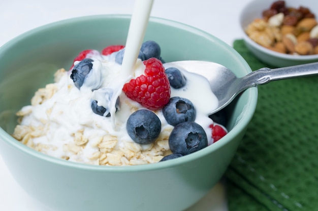 Harina de avena sabrosa con frutos rojos en el cuadro blanco.