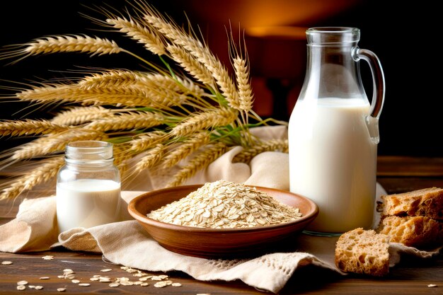 Foto harina de avena en un tazón de leche y orejas de trigo doradas sobre un fondo de madera oscura