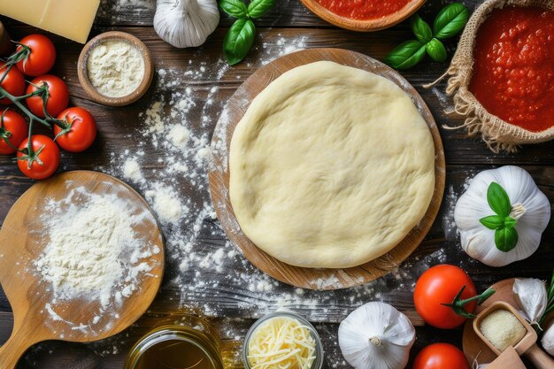 Foto harina cruda para la preparación de la pizza con ingredientes salsa de tomate mozzarella tomates albahaca aceite de oliva queso especias servidas en una mesa de madera rústica estilo flat lay pizza italiana margarita comida