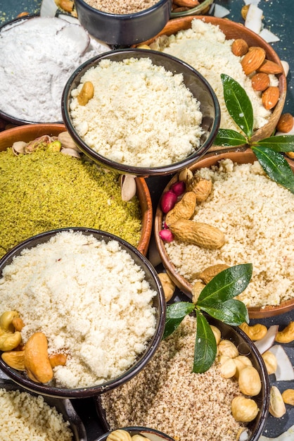 Harina de nuez alternativa Varias fuentes de harina sin gluten de ceto paleo conjunto de fuentes de harina natural a base de nueces veganas para hornear Almendra coco nuez de Brasil macadamia nuez anacardo pistacho avellana harina de maní