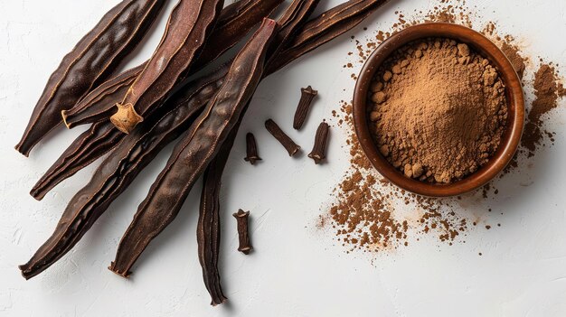 Foto harina nutritiva de frijoles de langosta, melaza de algarrobo en un cuenco de vidrio y harina o polvo de algarrobos