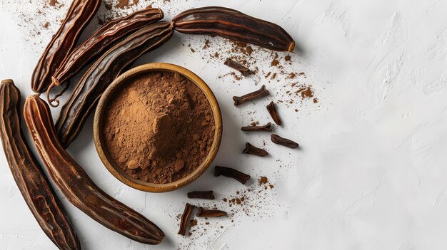 Foto harina nutritiva de frijoles de langosta, melaza de algarrobo en un cuenco de vidrio y harina o polvo de algarrobos