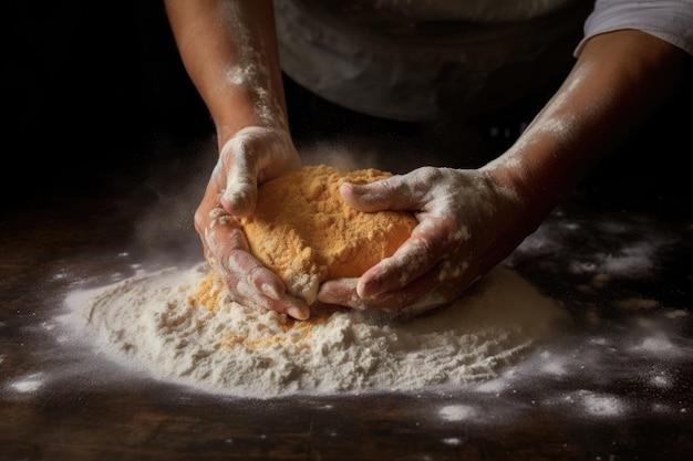 Harina polvo manos amassando masa de pastel creado con ai generativo