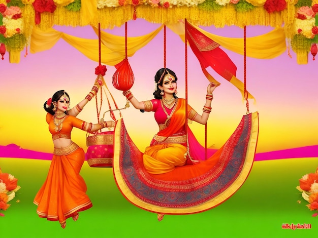 Hariyali Teej Hindu-Festival-Grußhintergrund mit glücklicher Frauen-KI generiert