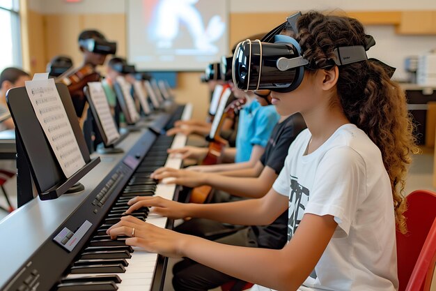 Harmonía en el aprendizaje virtual Estudiantes practican piano con VR