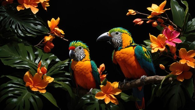 Harmonia aviária encantadora, uma dupla tropical em meio à majestade da meia-noite