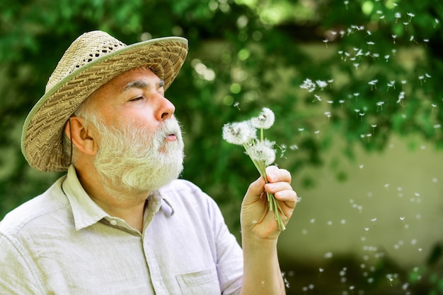 Harmonia da alma Homem idoso com chapéu de palha de verão Vovô sênior soprando sementes de dente de leão no parque Saúde mental Vovô pacífico soprando dente de leão Aposentadoria feliz e despreocupada Paz de espírito