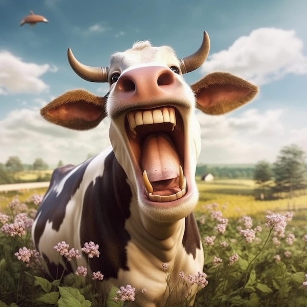 Foto harmonia de pastagem capturando a serenidade de um campo com uma vaca satisfeita