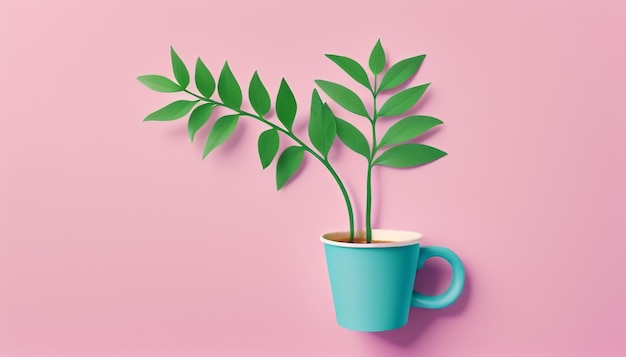 Harmonia de Sip e Serenidade Mistura Criativa de Planta e Xícara de Café Azul em Fundo Rosa Pastel