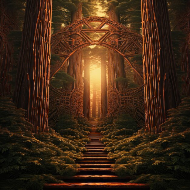 Foto harmonia encantadora explorando a floresta de sequoias abstratas através da geometria fractal e sagrada
