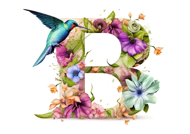 Harmonia floral Uma letra do alfabeto floral requintada adornada com flores e um beija-flor generativo Ai