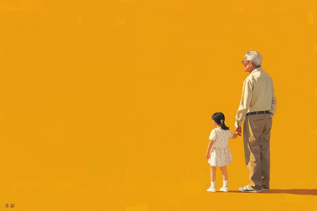 Harmonia geracional avô e neta asiáticos posam juntos com fundo amarelo
