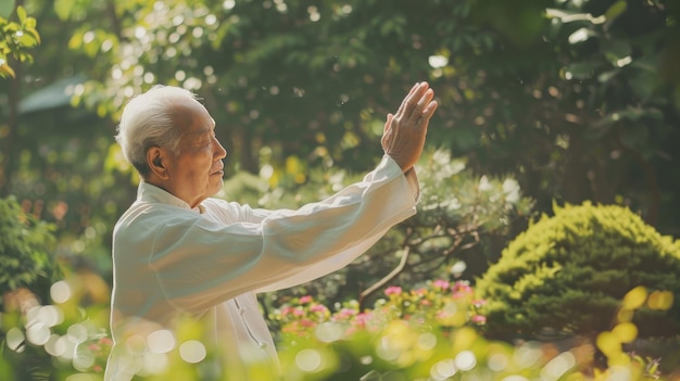 Harmonía en la jubilación Práctica de Tai Chi en un jardín sereno