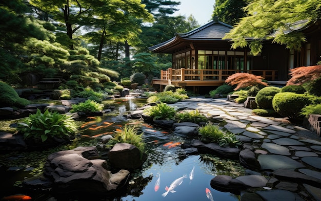 Harmonia Zen em um jardim japonês com lago Koi e pedras